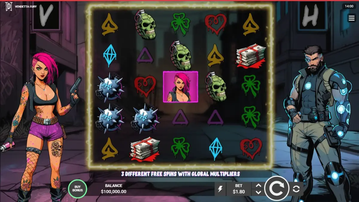 Interface do jogo Vendetta Fury com elementos neon e estilo cyberpunk