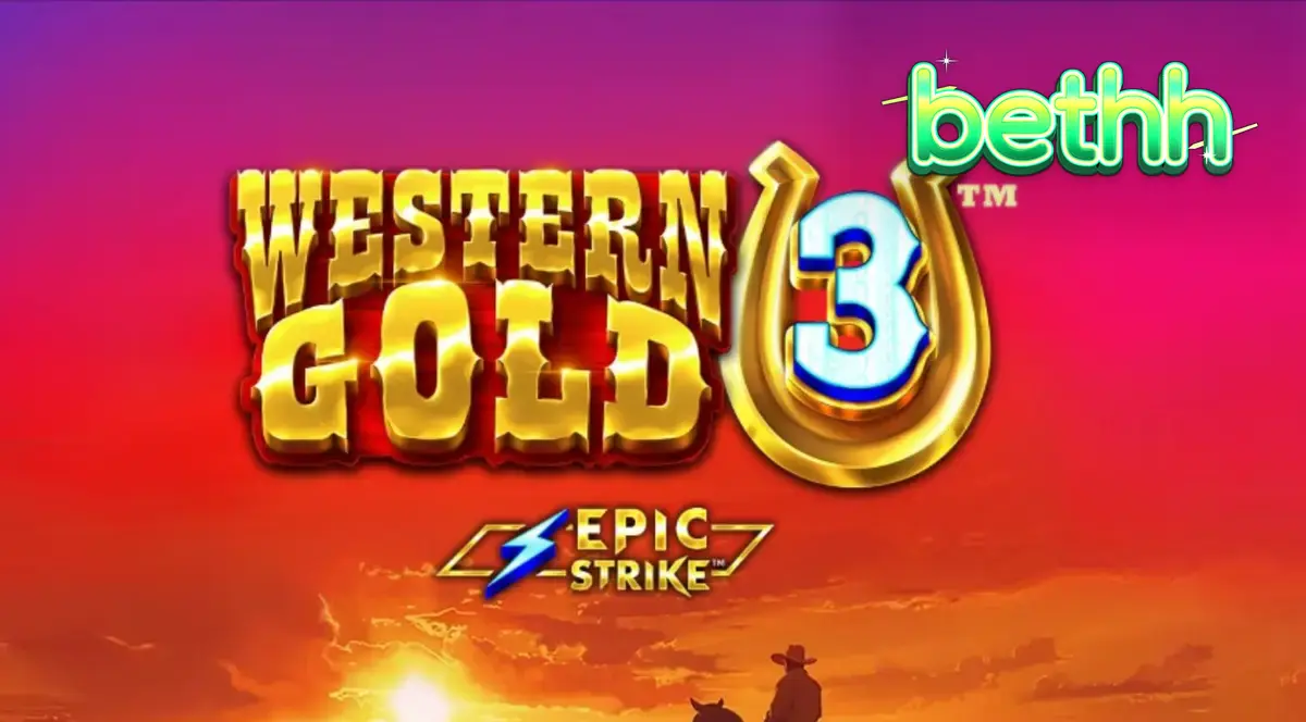 Cena do jogo Western Gold 3 com rolos ambientados em um cânion dourado ao pôr do sol, mostrando símbolos de cowboy e a escada de dinheiro.